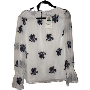 Women's CeCe Ivory Navy Floral Embroidered Blouse L